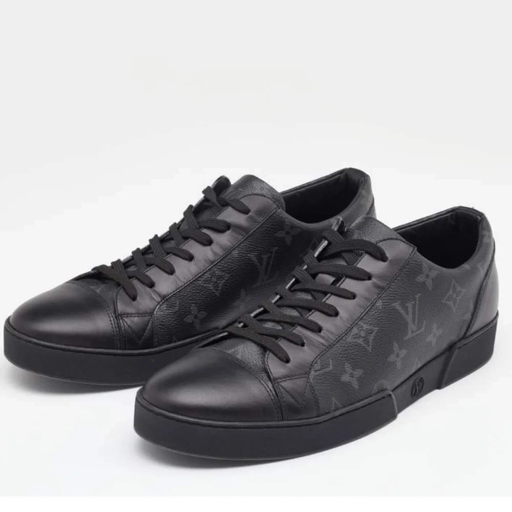 Louis Vuitton Black Leather & Monogram Eclipse Low Top Sneakers Like NEW